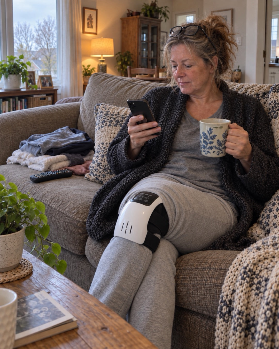 Woman on the couch in the morning wearing Artiva