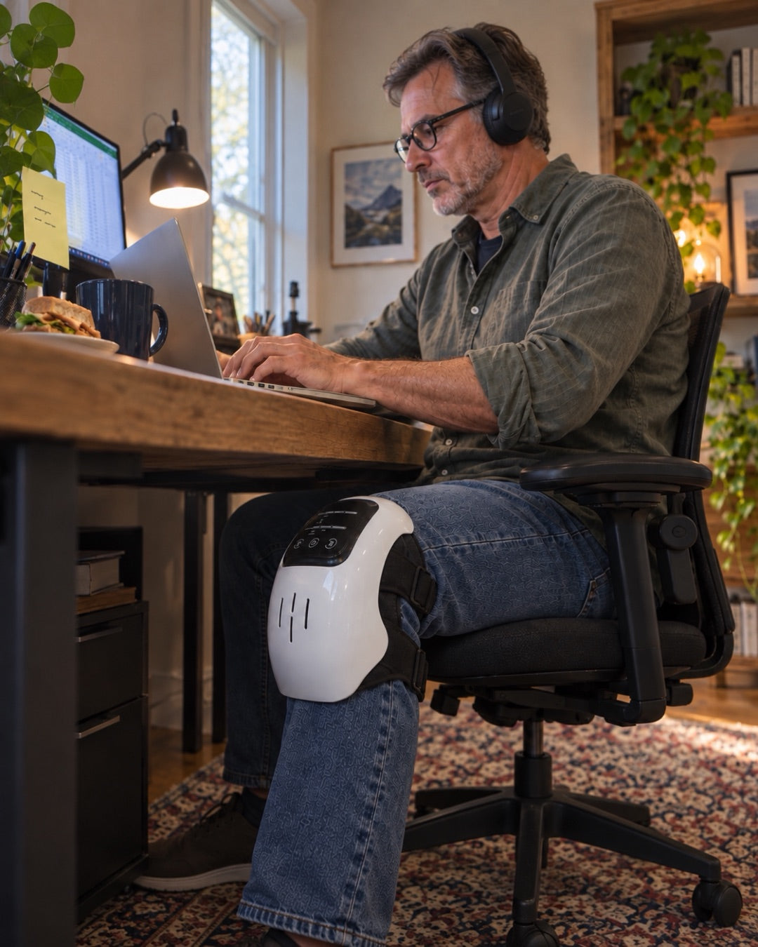 Man at his home desk wearing Artiva under the desk