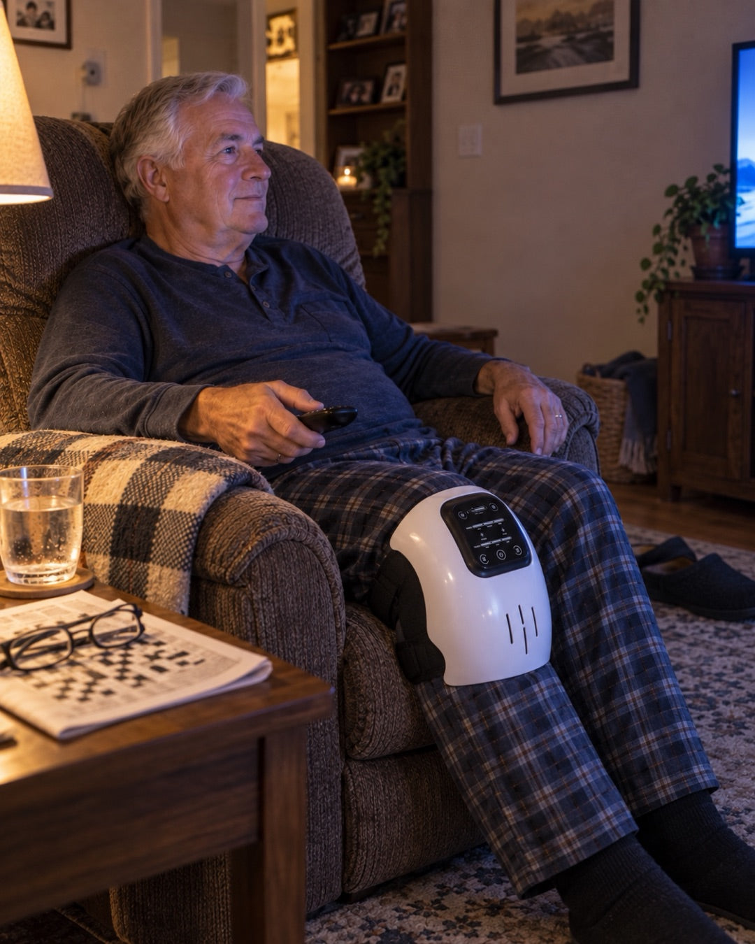 Older man in a recliner in the evening wearing Artiva